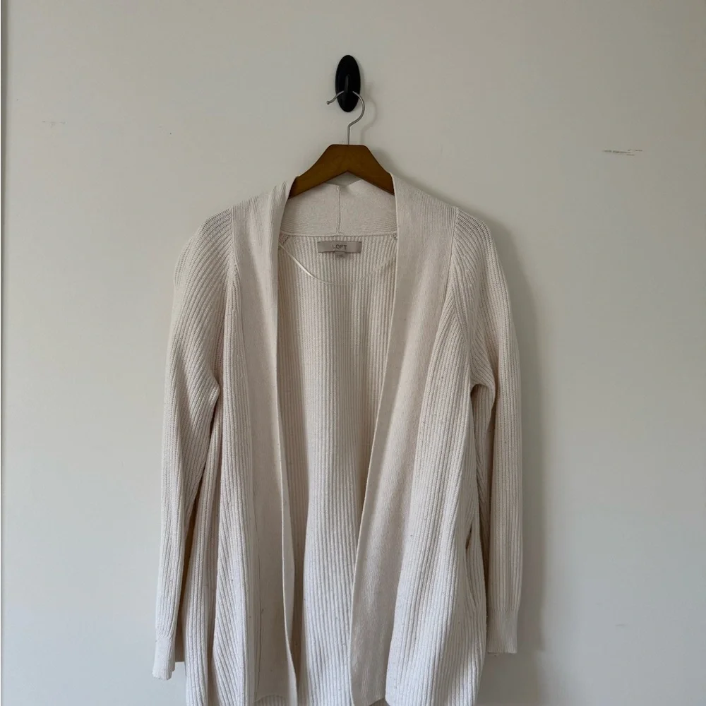 LOFT Cream Open-Front Ribbed Cardigan - Picture 1 of 4